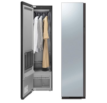 SAMSUNG 18" AirDresser shown open with 3 hangers and closed to resemble a mirror.