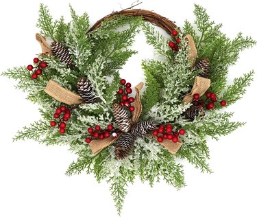 Christmas Artificial Wreath Flocked Pine Cones, Red Berries, and Snowflakes