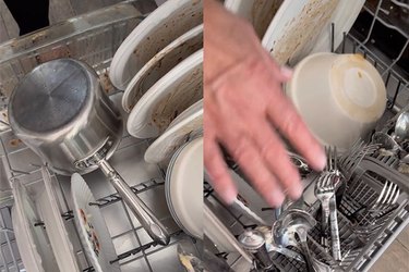 TikTok creator demonstrates the proper way to load the bottom rack of a dishwasher, with everything facing toward the center and knives placed with the blade down for safety