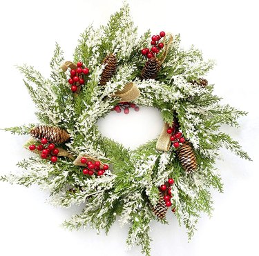 Christmas Wreath with Pine Cone, Red Berries, Burlap Ribbon & Snowflakes