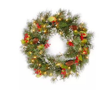 National Tree Wintry Pine Pre-Lit Wreath with White Lights