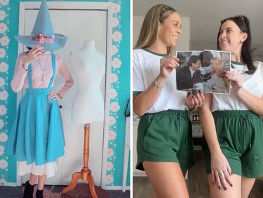 Side-by-side images of woman in pink and blue witch costume and two women in green shorts holding a torn-up photo