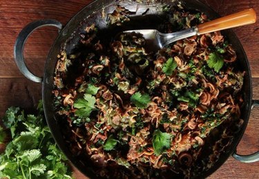 Cast iron pan of nopalitos casserole