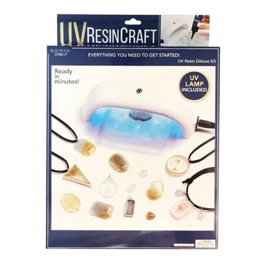 Outside of a box titled 'UV Resin Craft' showing images of a UV lamp with USB and pieces of resin jewelry.