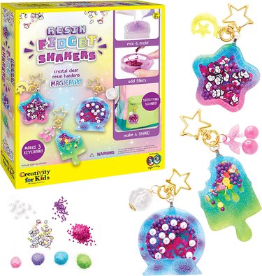 Creativity for Kids Resin Fidget Shakers showing the box and example keychains.