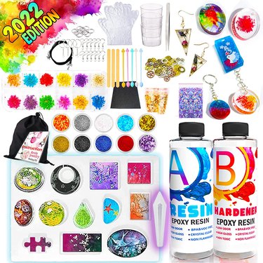 Collage of the multi-piece set including resin bottles, keychains, gloves, glitter, molds, instructions, etc.