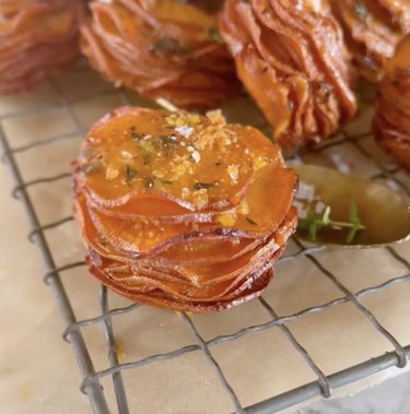 Crispy stacked sweet potatoes on a wire rack