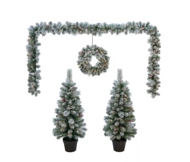 Flocked Christmas Tree, Garland, and Wreath Set with LED Lights
