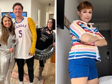 Side-by-side image featuring a couple standing in front of a woman in a tire costume and a person dressed in a brightly striped top and blue shorts