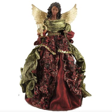 Black angel tree topper dressed in maroon and olive green gown with gold wings and poseable arms.