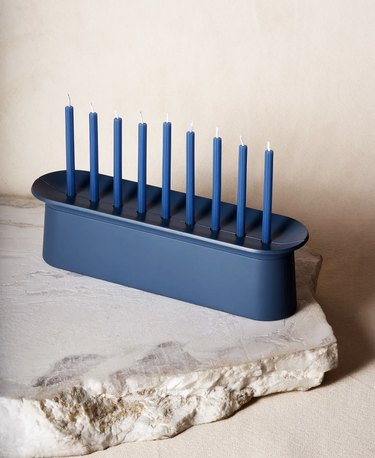 Blue block menorah, blue candles