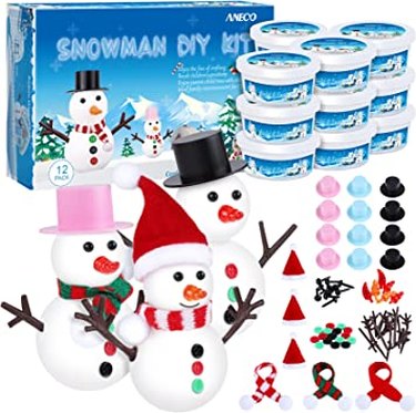 Three clay snowmen with a pink top hat, black top hat, and santa hat, stick arms, and scarves.