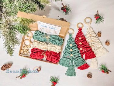 Three macrame trees with wooden beads in the center in white, red, and green rope, next to a craft kit box with rope, wooden beads, and wooden hoop art supplies.