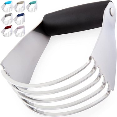 A sturdy pastry blender with five stainless steel blades and a black rubber handle, plus seven other handle color options