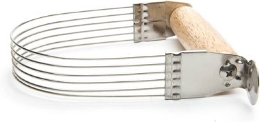 A pastry blender with stainless steel wires and a wooden handle