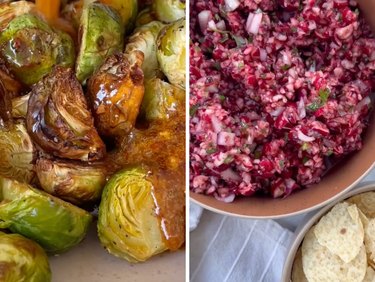 Side-by-side images of hot honey Brussels sprouts and cranberry sauce salsa