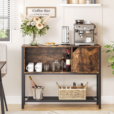 Wood and metal coffee bar with coffee accessories 