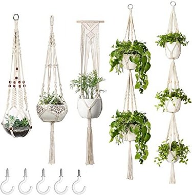 The set of five macrame plant hangers are each unique and range from 35 to 70 inches long.
