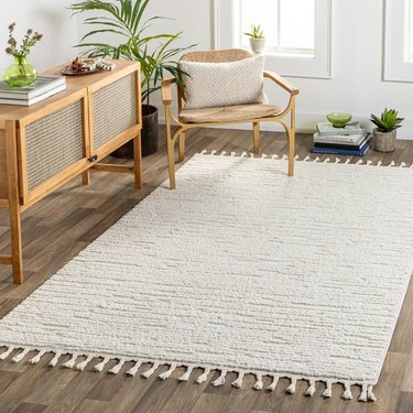 High pile cream rug with tasseled ends on a wood floor.