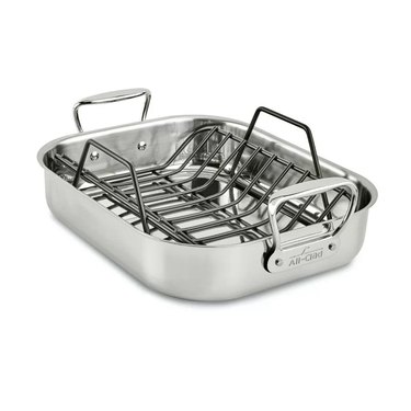 Stainless steel roasting pan with nonstick rack.