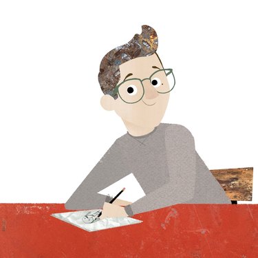 An illustration of Rob Sayegh Jr. in gray shirt, doodling with pen and paper at a red table