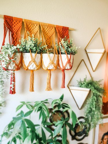 An orange, yellow and red macrame wall plant hanger filled with four white pots and greenery.