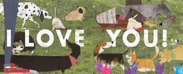 A sample of Rob's work, which features dogs and the words "I Love You!" written across it