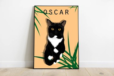 A digital portrait of a black-and-white cat against a yellow background with wispy green grass in the corners and the name "Oscar" written in all caps
