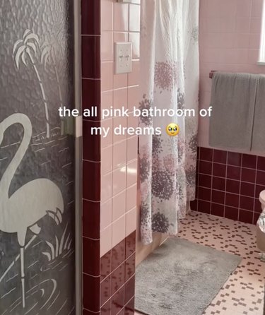 Bathroom with pink and maroon tiles