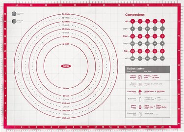 OXO pastry mat, with measurements and conversions, shown in overhead view on a white ground