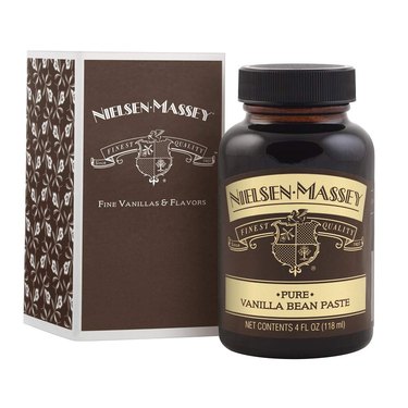 Nielsen-Massey vanilla bean paste, pictured on a white ground beside its retail gift box