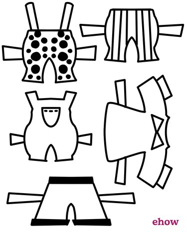 Illustration of a shirt, romper and shorts for paper doll dog character.