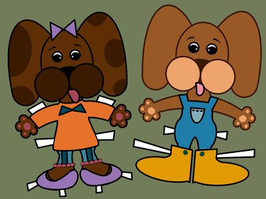 Two brown illustrated and colored-in dogs that are paper dolls