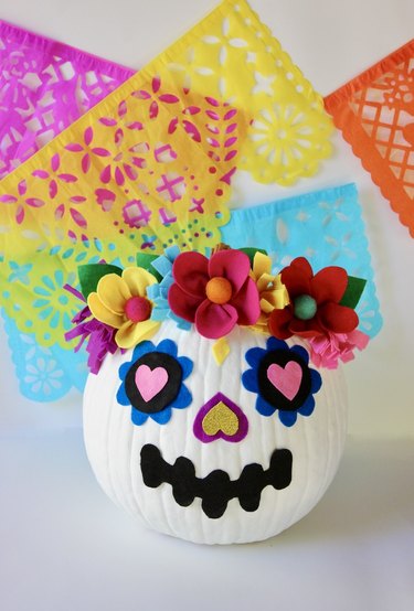 Finished sugar skull pumpkin to celebrate Día de los Muertos
