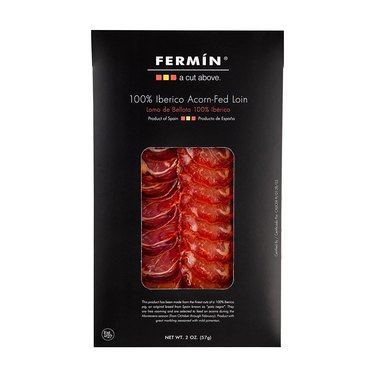 Fermin brand sliced jamon iberico, shown on a white ground in its retail packaging