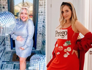 Collage of two photos: One with a pregnant woman dressed as a silver disco ball and the other of a pregnant woman dressed as a can of Prego pasta sauce