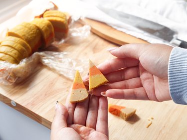 cookie dough cut into candy corn shapes