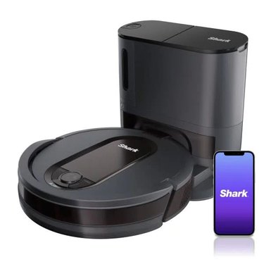 Shark robot vacuum with self-emptying base and an app feature.