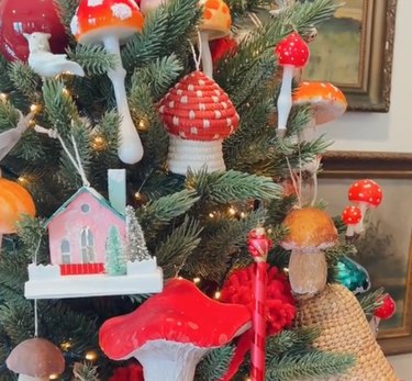 Close-up of mushroom ornaments on Christmas tree