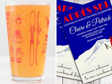 Collage with ski-themed glass cup and Aprés-Ski-themed party invitations