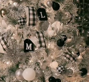 Close-up of white tree with black-and-white ornaments