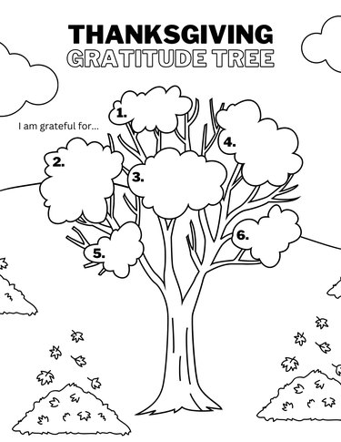 A printable page featuring a gratitude tree and fall leaves