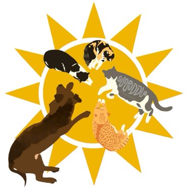 A bright yellow sun featuring four cats and a dog lying down