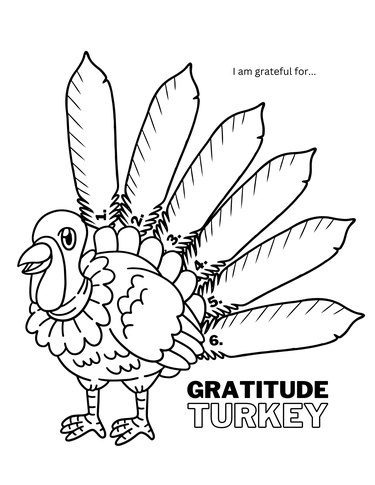 A printable page featuring a turkey with six feathers