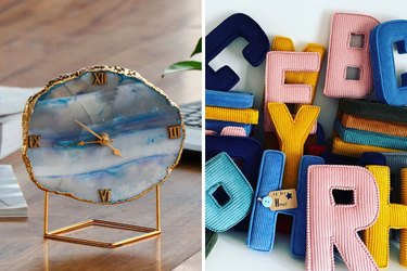 Side-by-side images of a blue agate clock with gold accents and a pile of handmade alphabet pillows in shades of blue, pink, yellow and orange