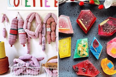 Side-by-side images of knitted sausage links and vibrant crystal candy.