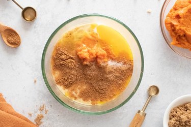 Pumpkin pie ingredients in a bowl