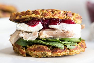 Leftover Thanksgiving turkey sandwich with stuffing waffles