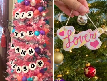 Collage featuring pink Christmas tree and pink ornament reading "Lover"