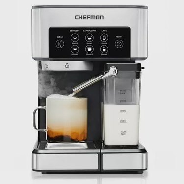 Stainless steel and black Chefman espresso machine with a built-in milk frother and presets.